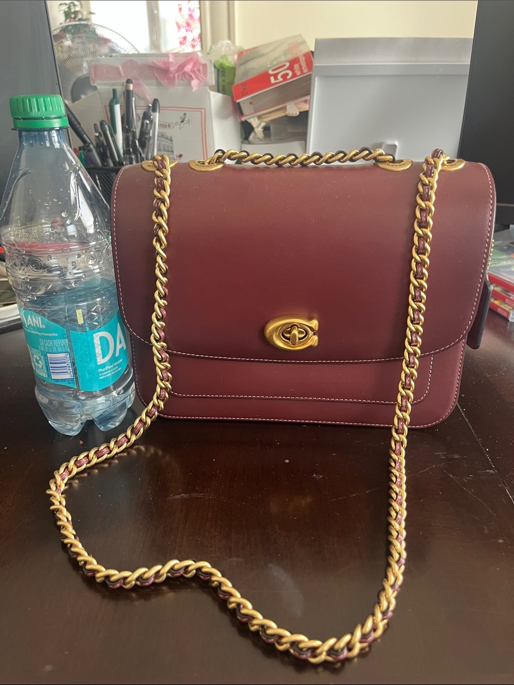 Coach Madison Leather Shoulder Bag in warm brown with Gold Chain